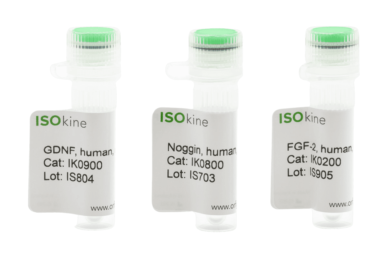 Three ISOkine laboratory vials with green caps and labels reading GDNF, Noggin, and FGF-2