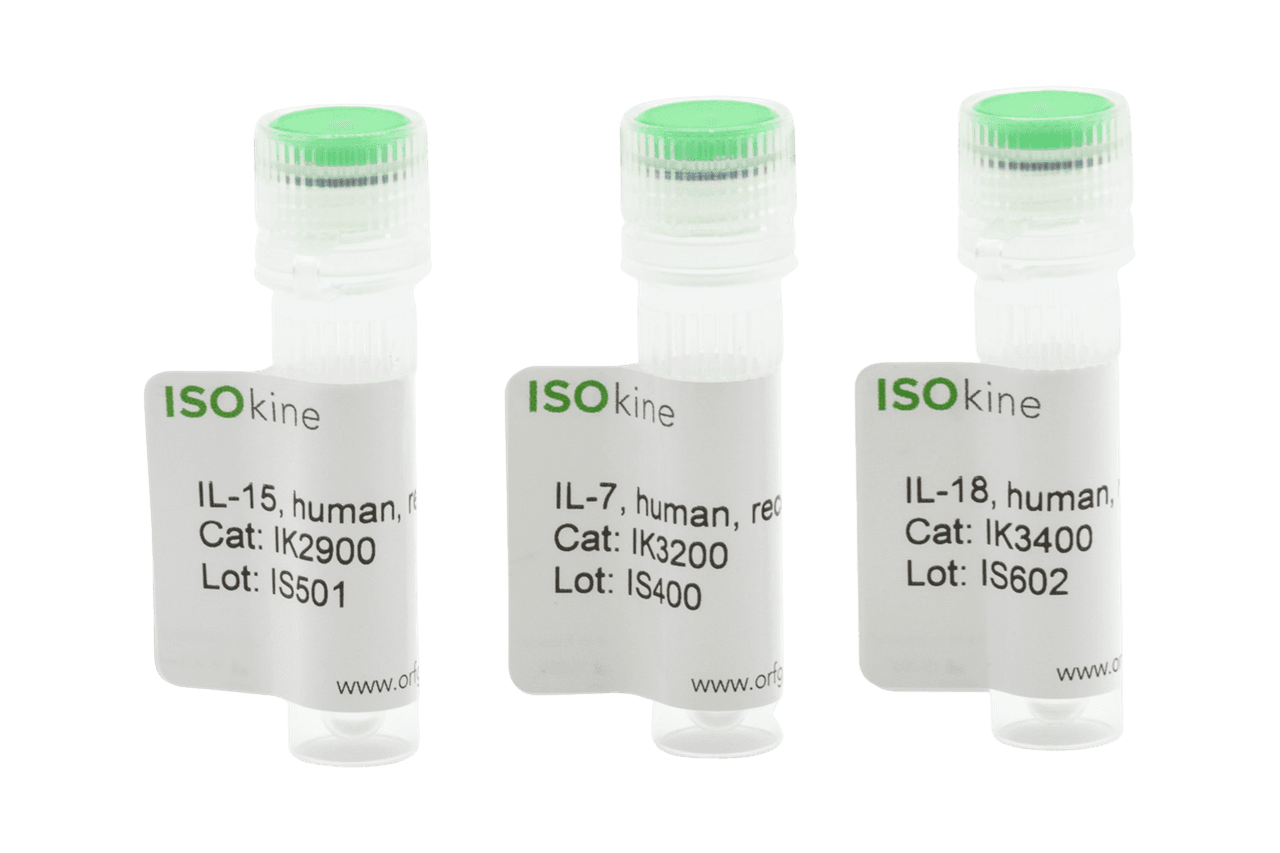Three ISOkine laboratory vials with green caps labeled IL-15, IL-7, and IL-18