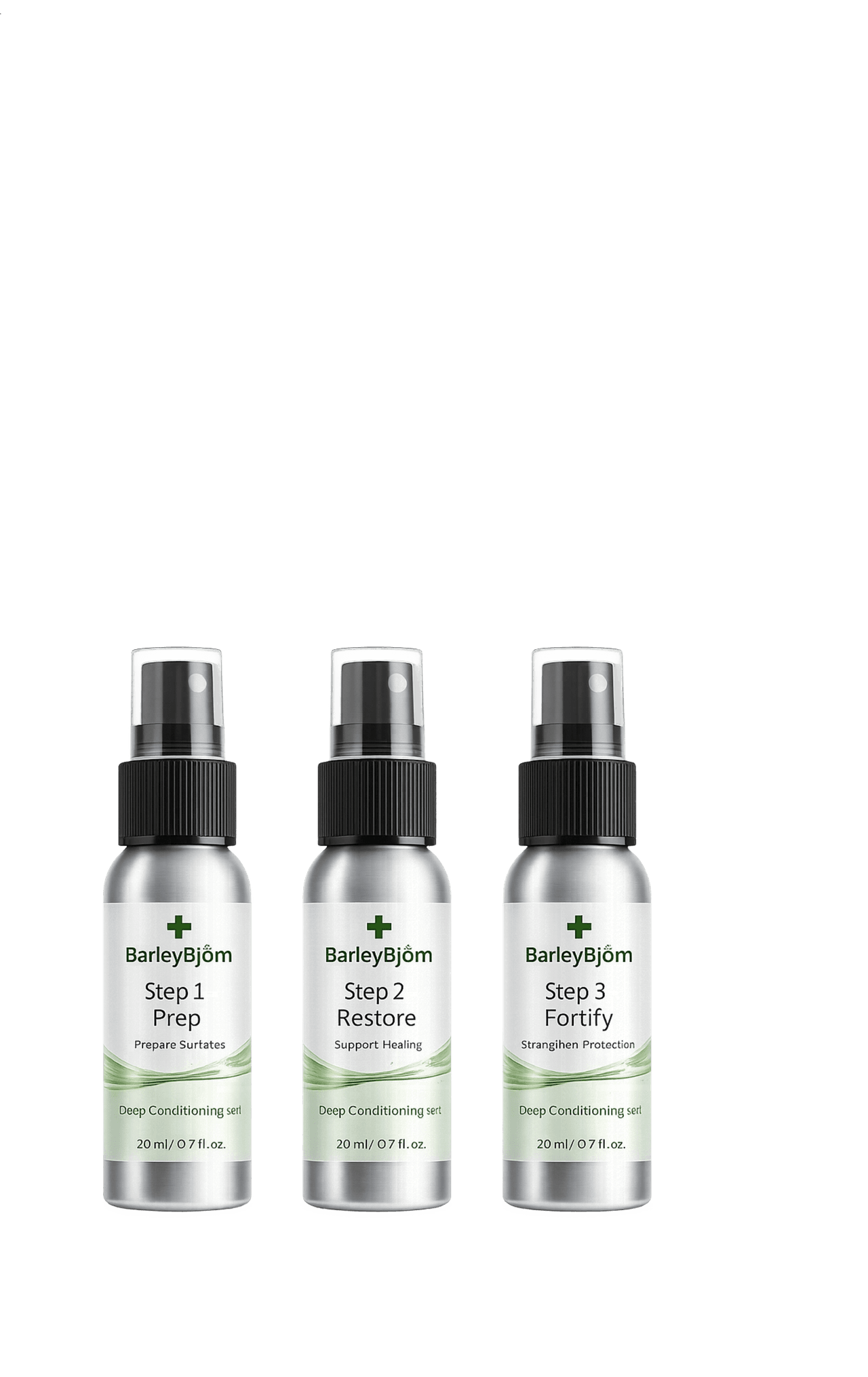 Barley Björn Deep Conditioning Serum, three spray bottles for Step 1 Prep, Step 2 Restore and Step 3 Fortify